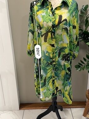 Live for Truth Tropical Leaf Print Tunic  Shirt Dress Green Yellow Size Large